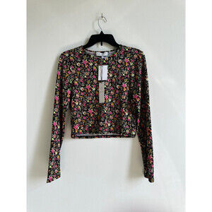 Wayf Womens Floral Long Sleeve Crop Top Stretch Black Multicolor Size M